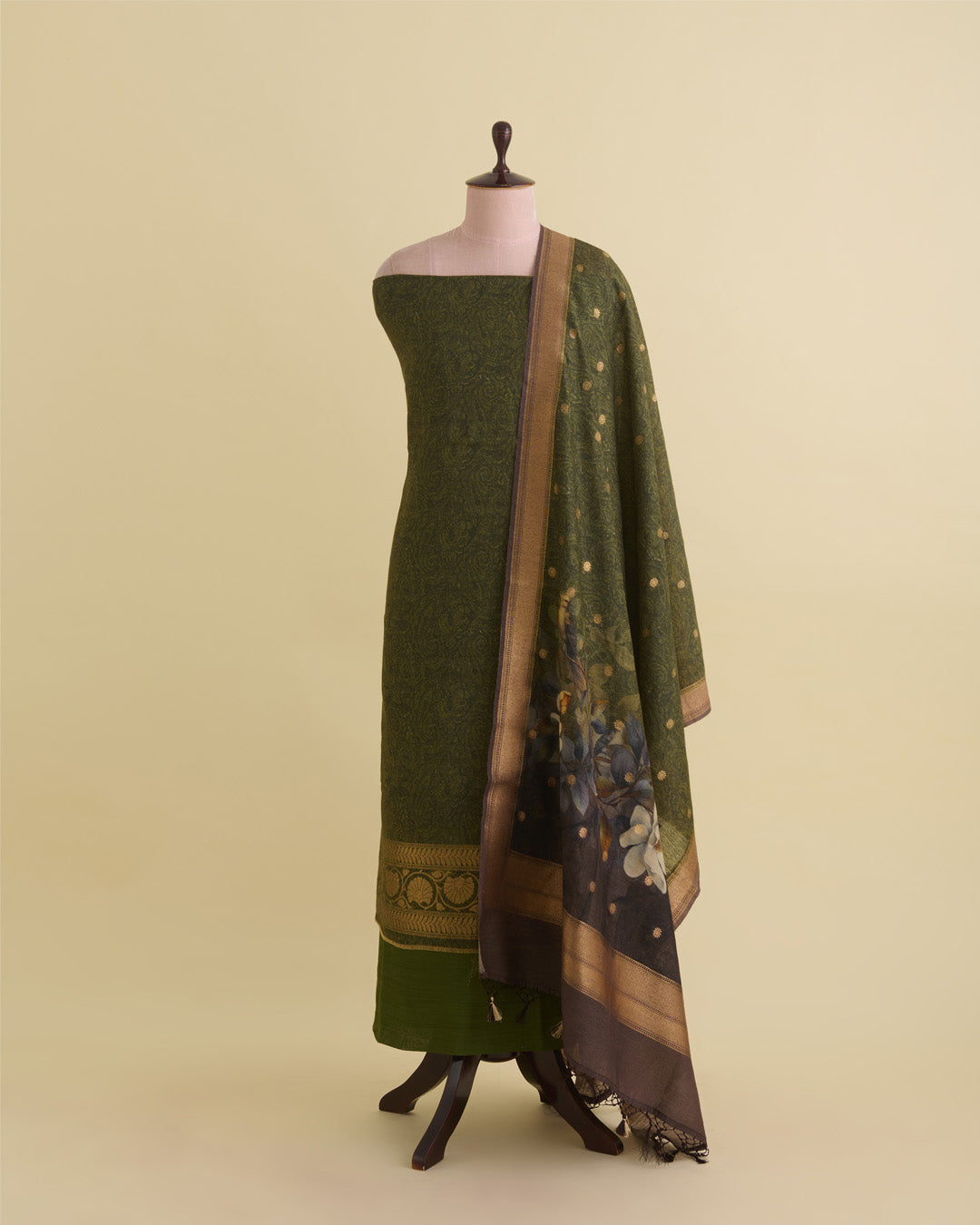Mehendi Green Munga Tussar Printed Kurta Set with Woven Border & Dupatta