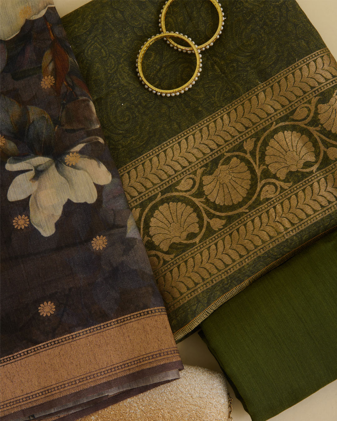 Mehendi Green Munga Tussar Printed Kurta Set with Woven Border & Dupatta