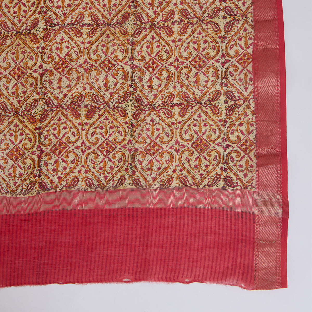 Orange Maheshwari Printed Kurta with Woven Border & Dupatta