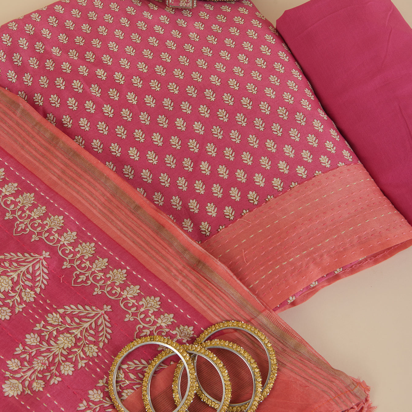 Pink Maheshwari Printed Kurta with Katha Stitch Embroidered Daman