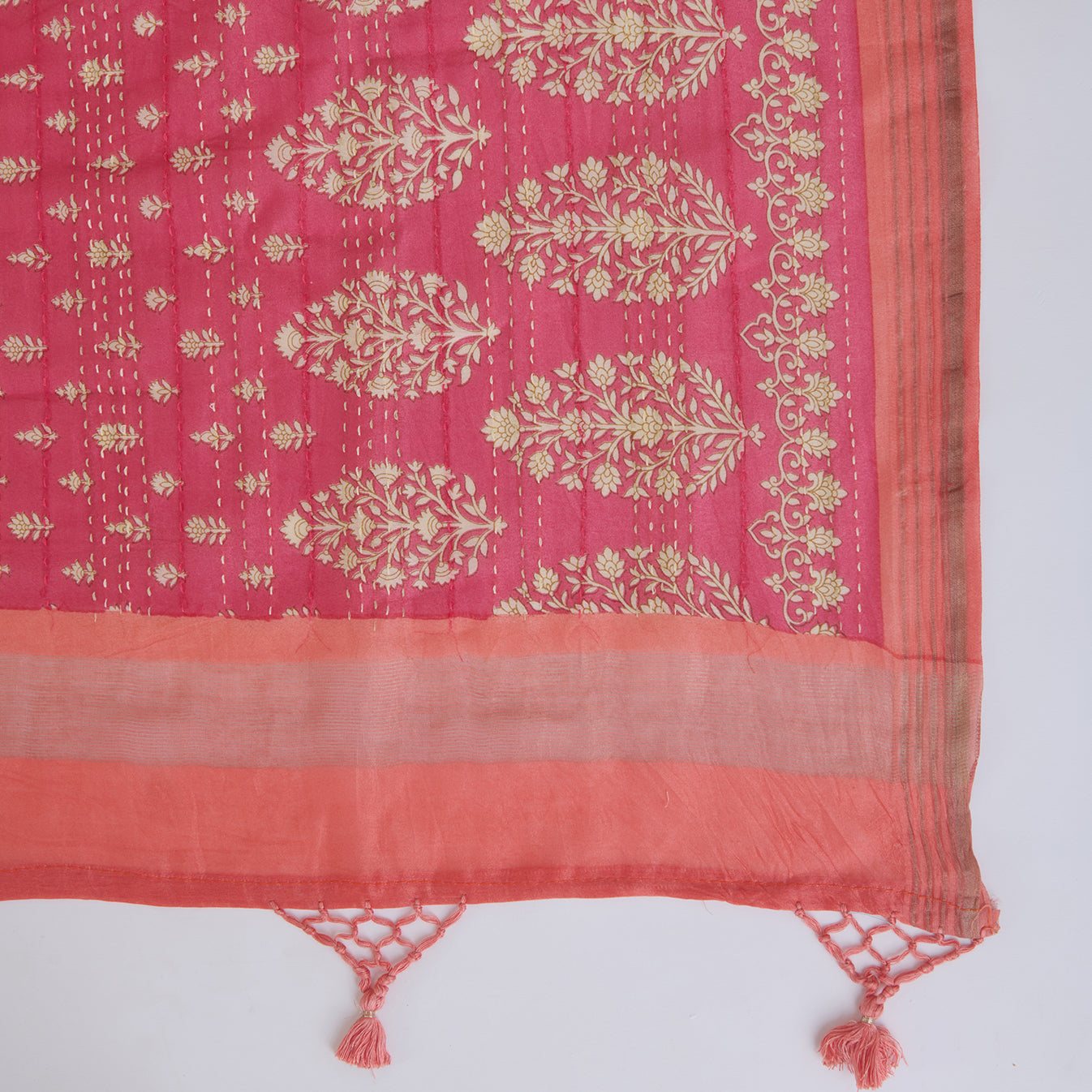 Pink Maheshwari Printed Kurta with Katha Stitch Embroidered Daman