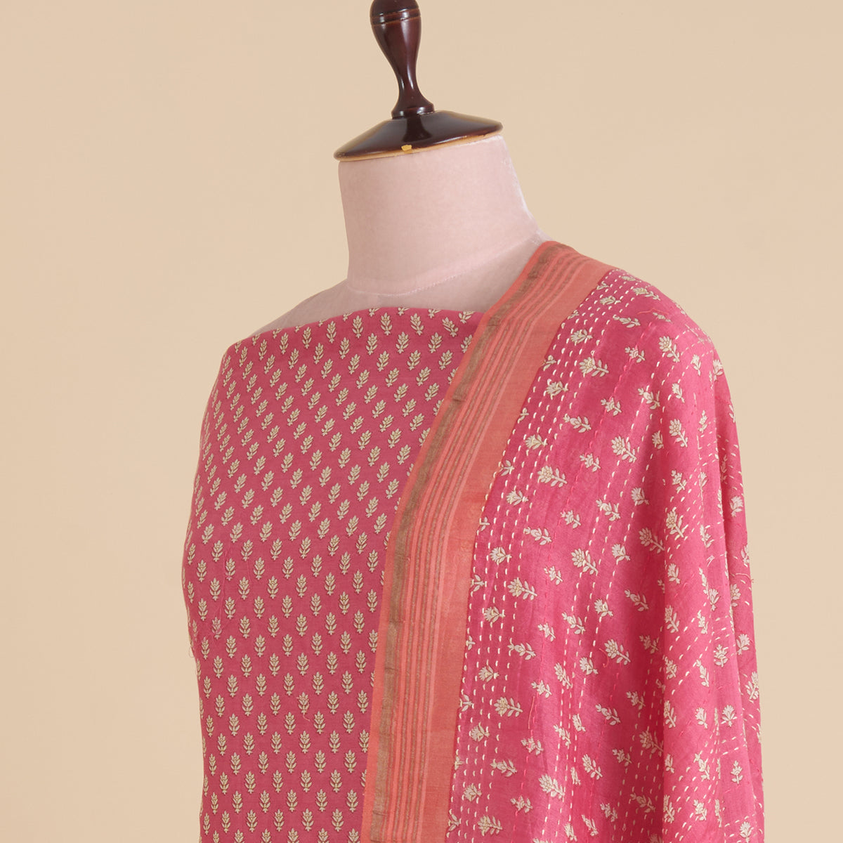 Pink Maheshwari Printed Kurta with Katha Stitch Embroidered Daman