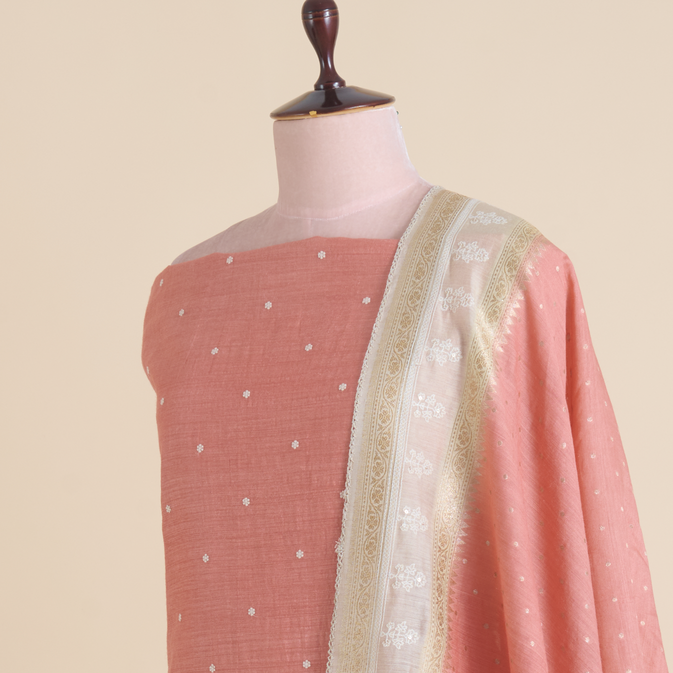 Peach Muga Silk Embroidered Kurta Set with Dupatta