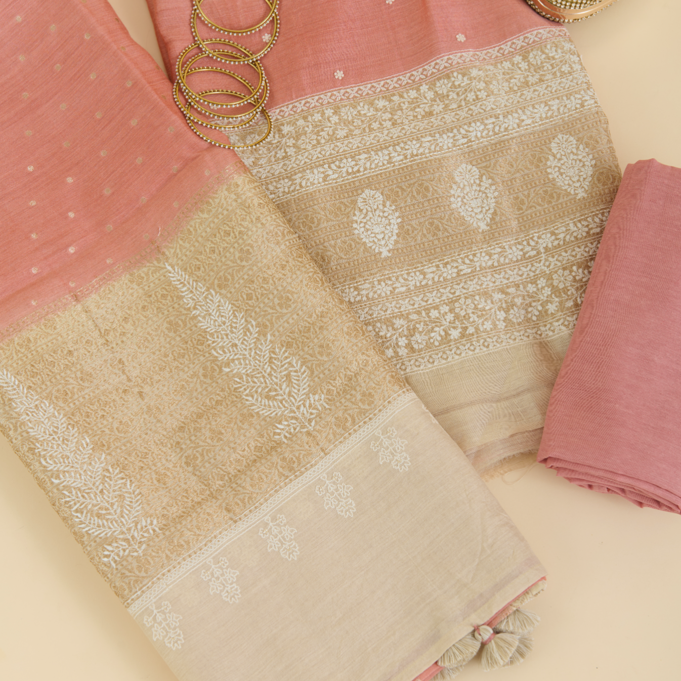 Peach Muga Silk Embroidered Kurta Set with Dupatta