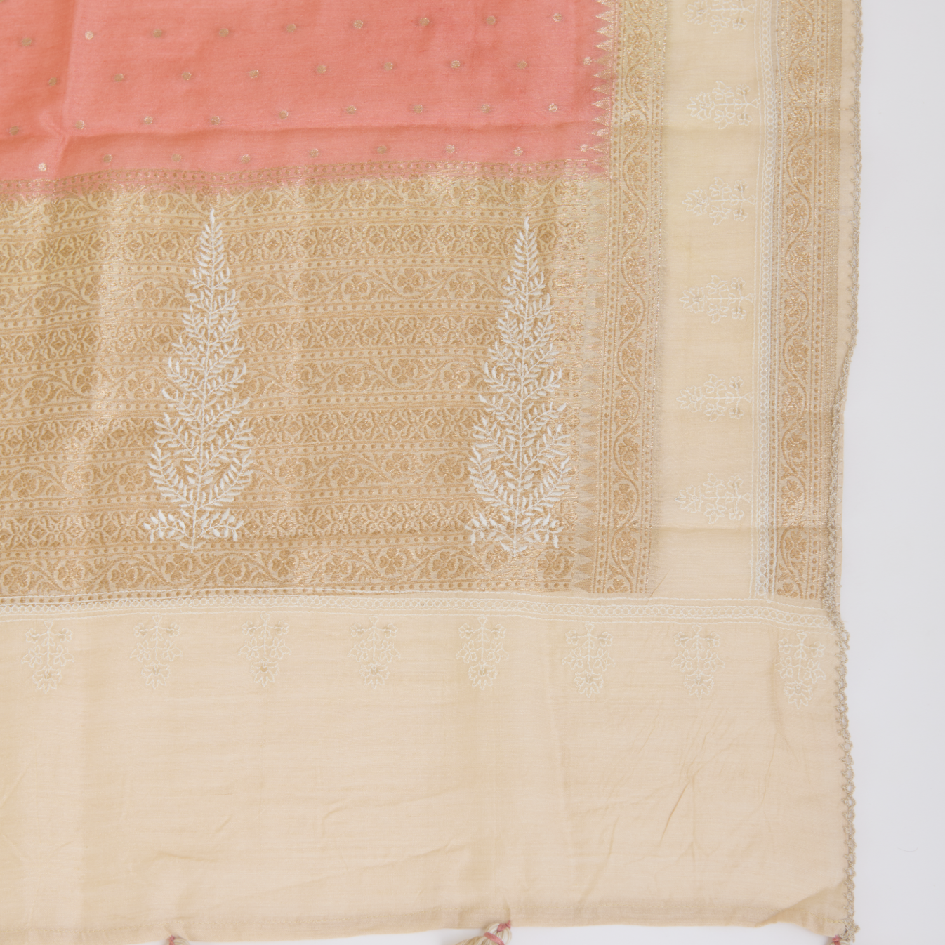 Peach Muga Silk Embroidered Kurta Set with Dupatta