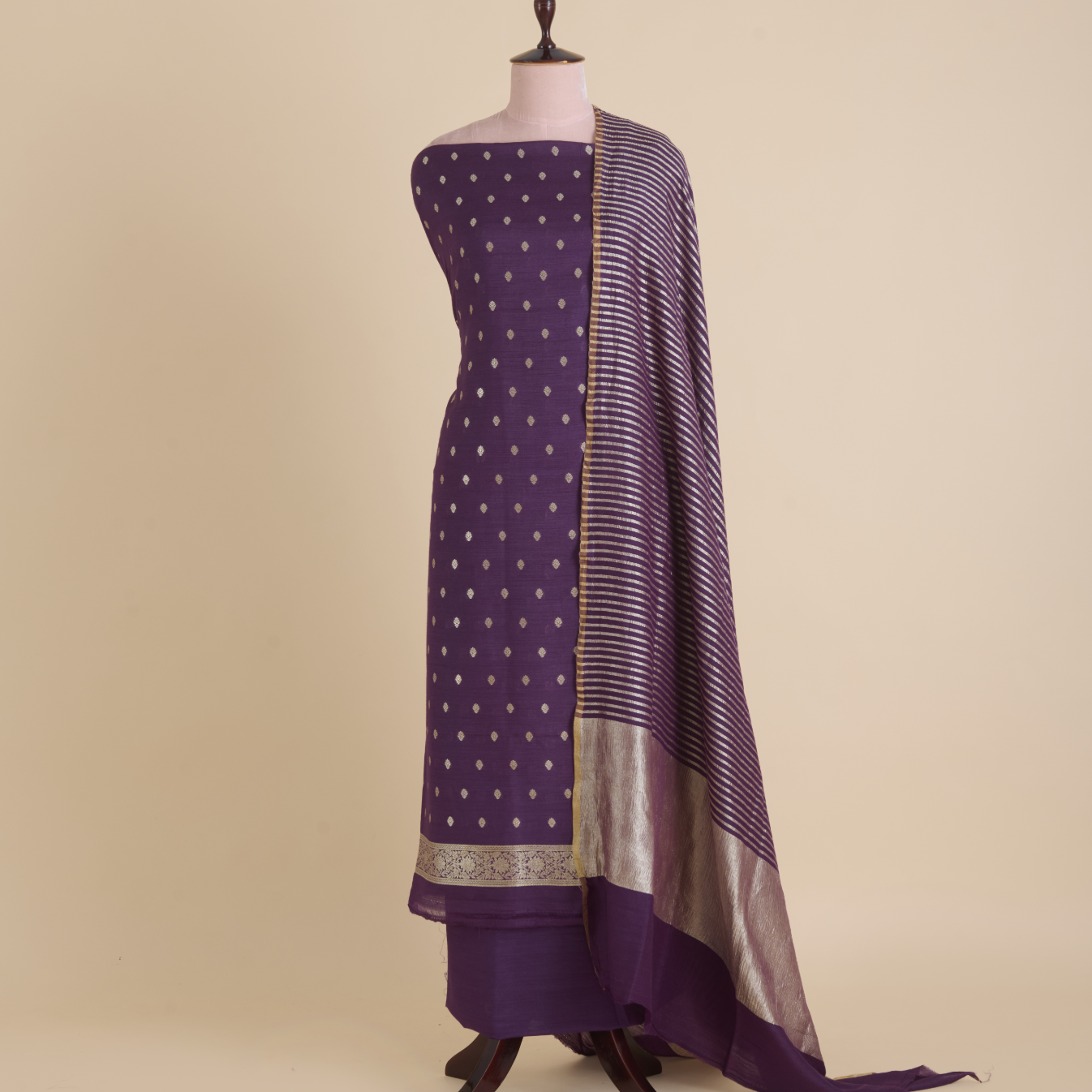Purple Muga Tussar Woven Butti Kurta with Striped Dupatta