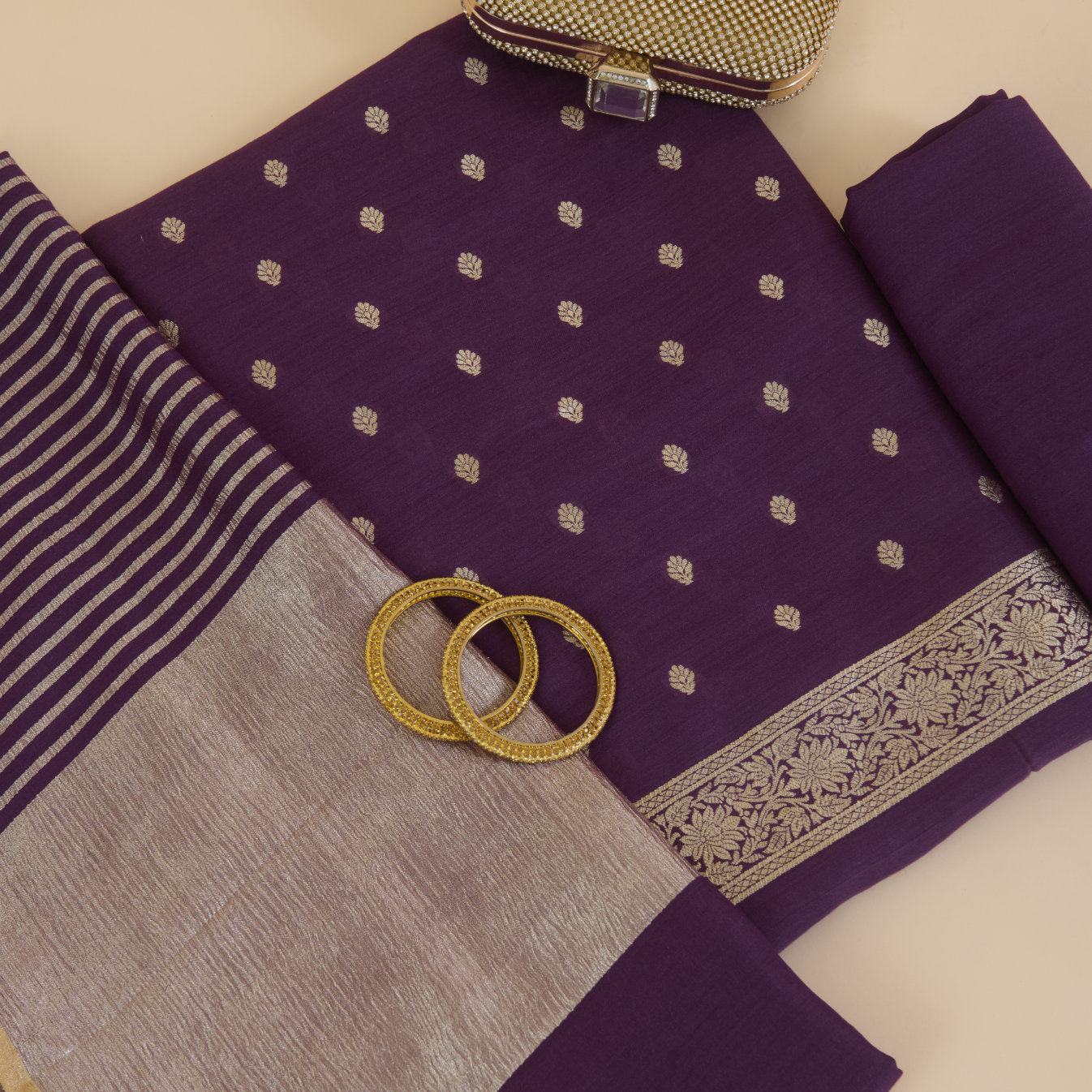 Purple Muga Tussar Woven Butti Kurta with Striped Dupatta