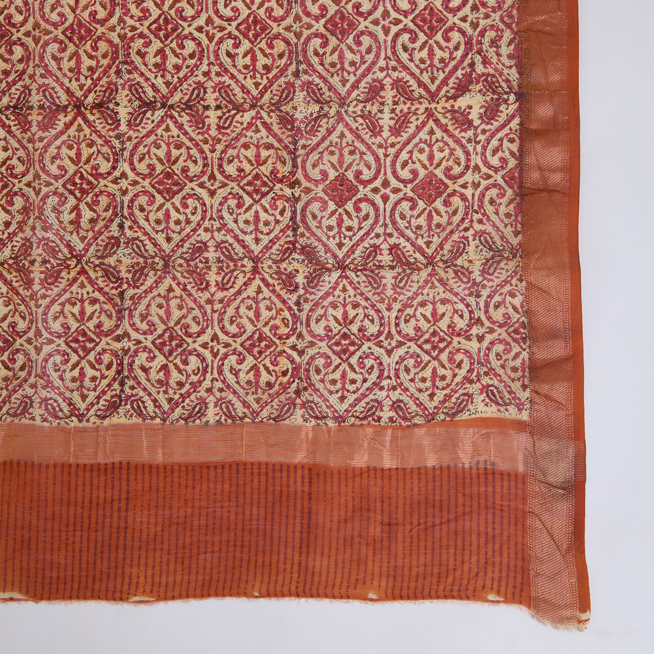 Pink Maheshwari Printed Kurta with Woven Border & Dupatta