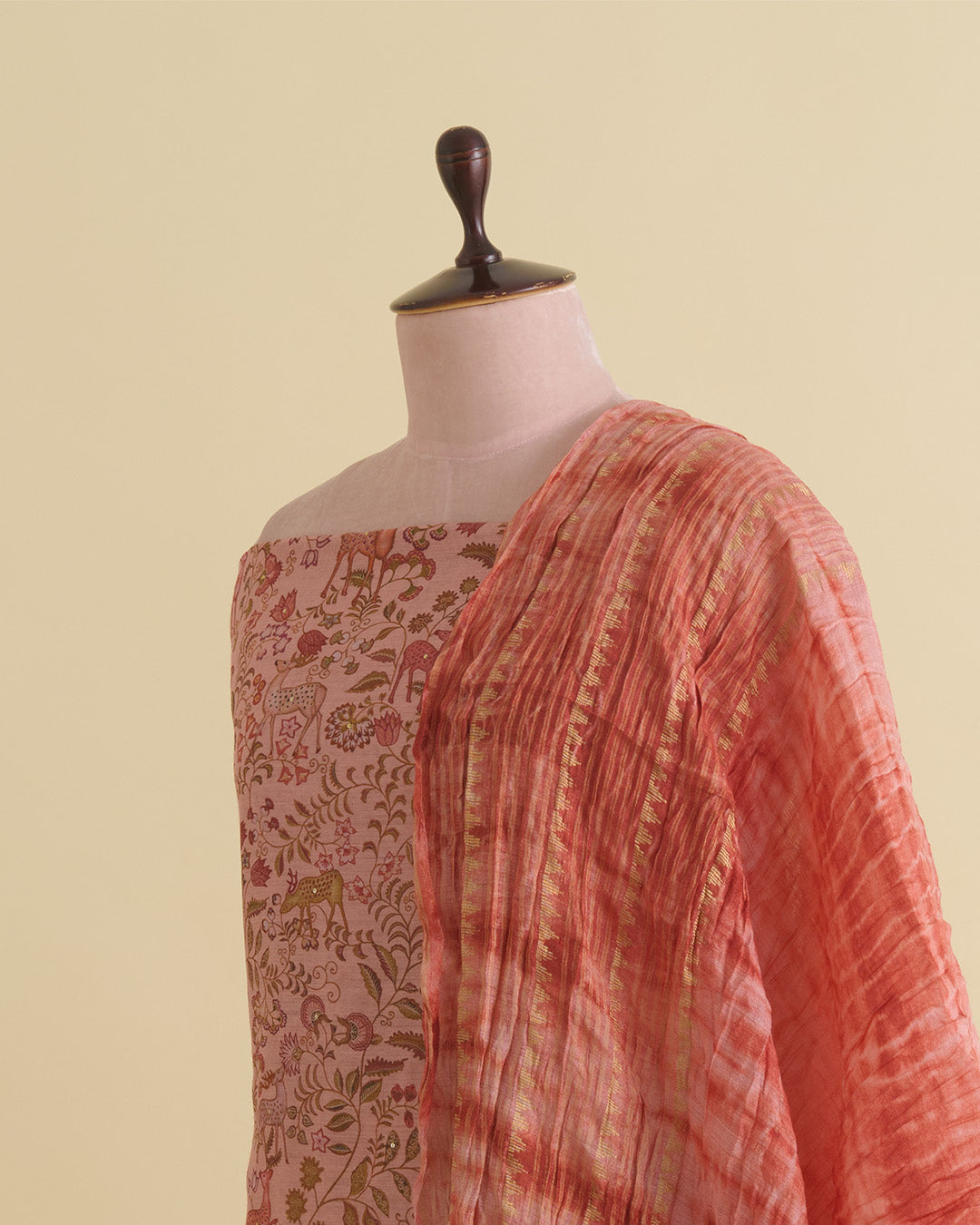 Munga Tussar Digital Printed Kurta Set with Dupatta & Silk Bottom Peach