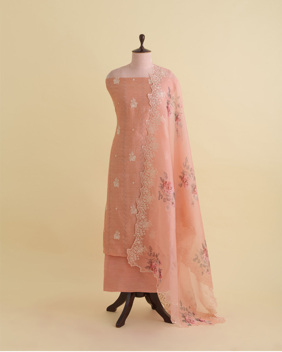 Peach Munga Tussar Silk Kurta Set with Resham Embroidery