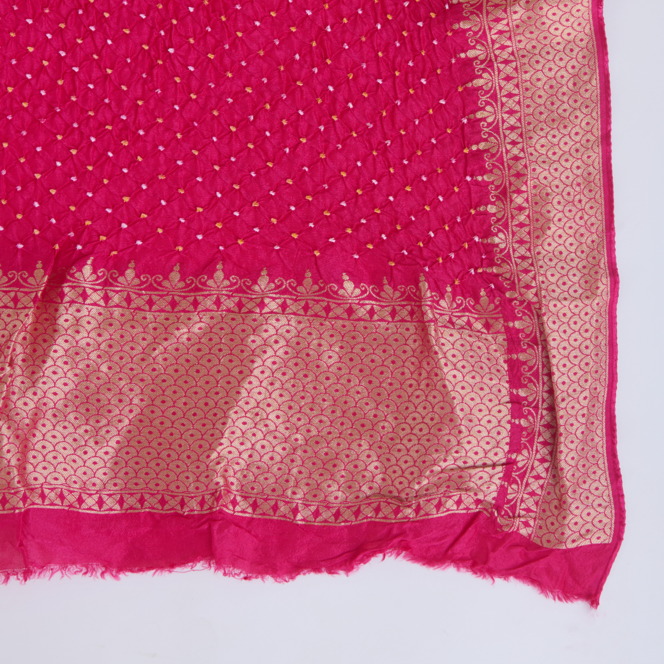 Rani Pink Muga Silk Bandhej Woven Suit with Dupatta