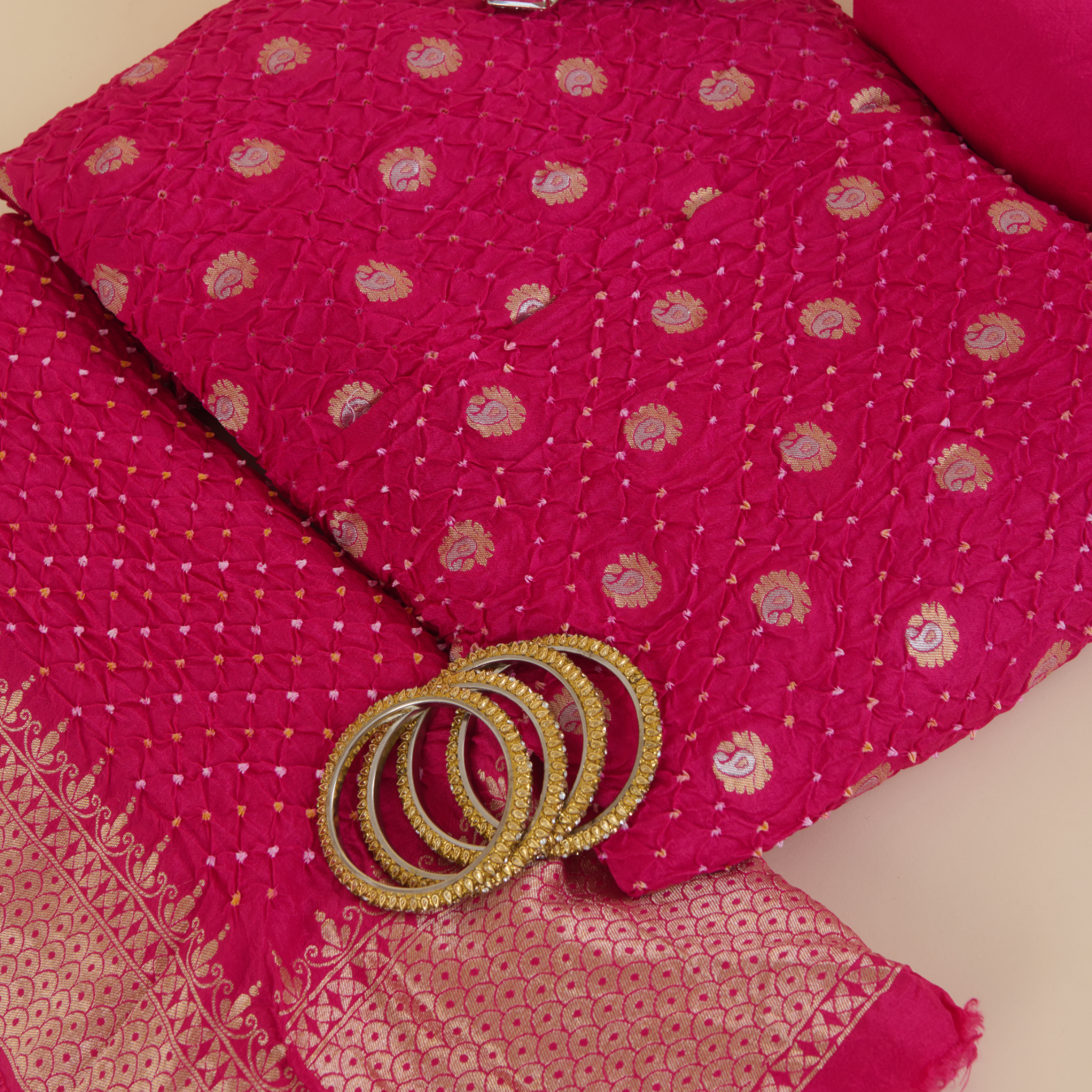 Rani Pink Muga Silk Bandhej Woven Suit with Dupatta