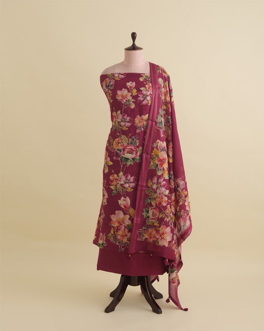 Ruby Pink Munga Tussar Digital Printed Kurta Set with Kantha & Sequin Work