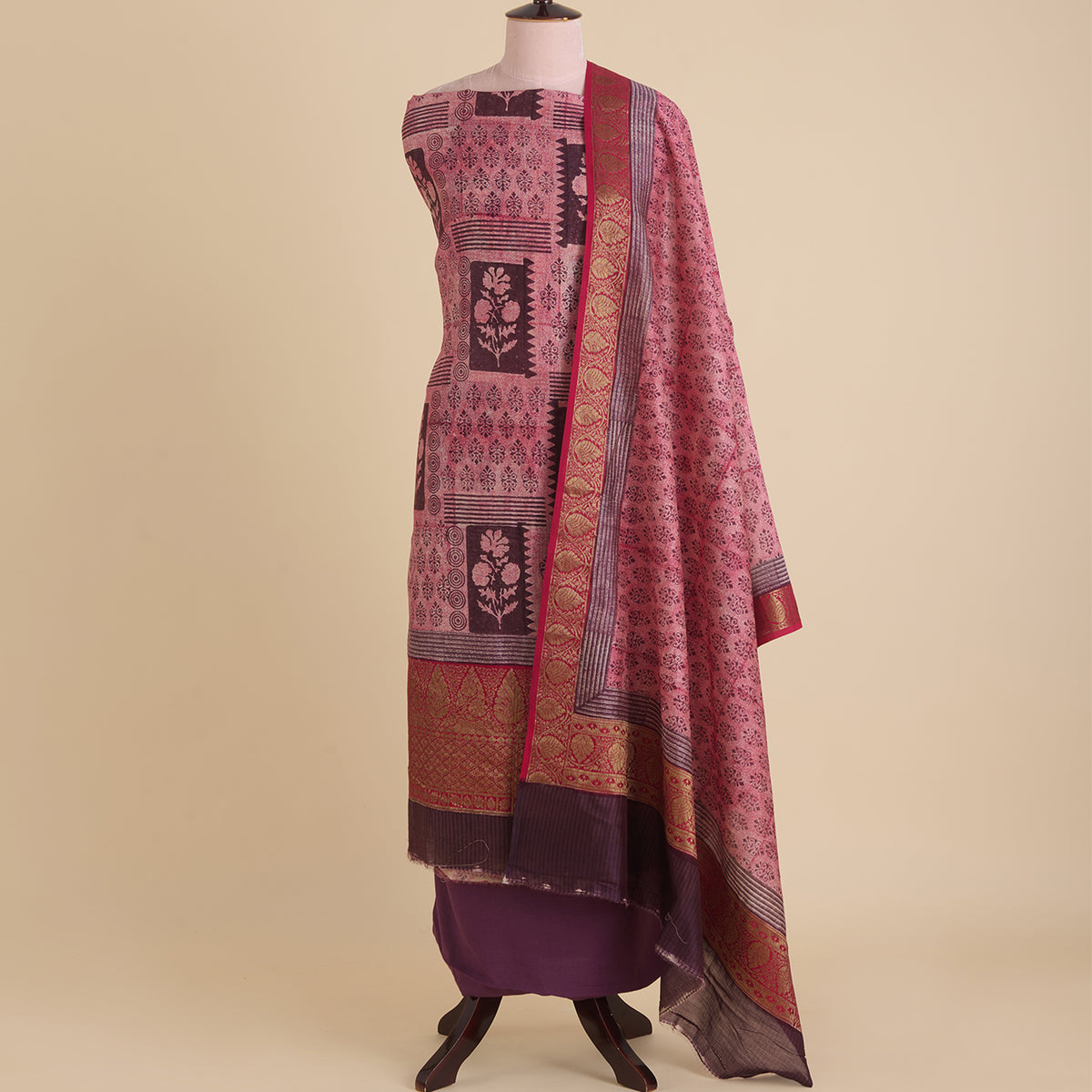 Wine Maheshwari Printed Kurta with Woven Border & Dupatta