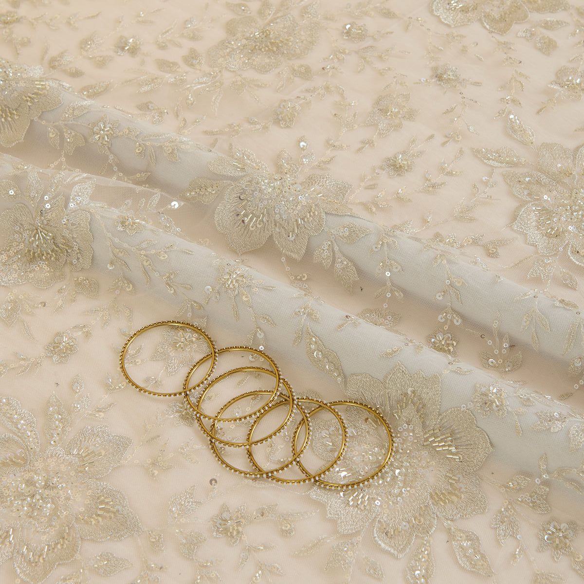 White Net Kasab Zari Sequin Cutdana Motif Embroidery Fabric