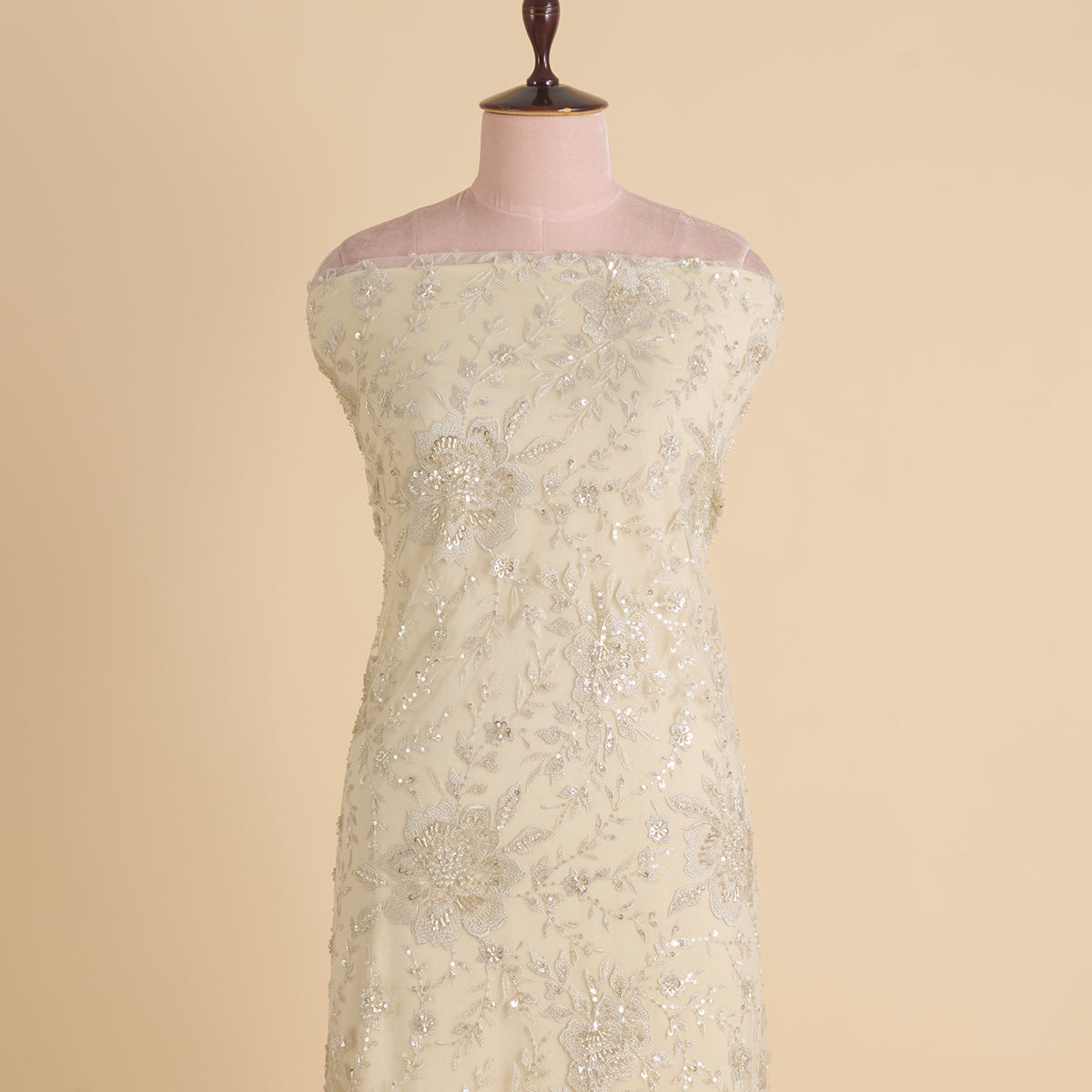 White Net Kasab Zari Sequin Cutdana Motif Embroidery Fabric