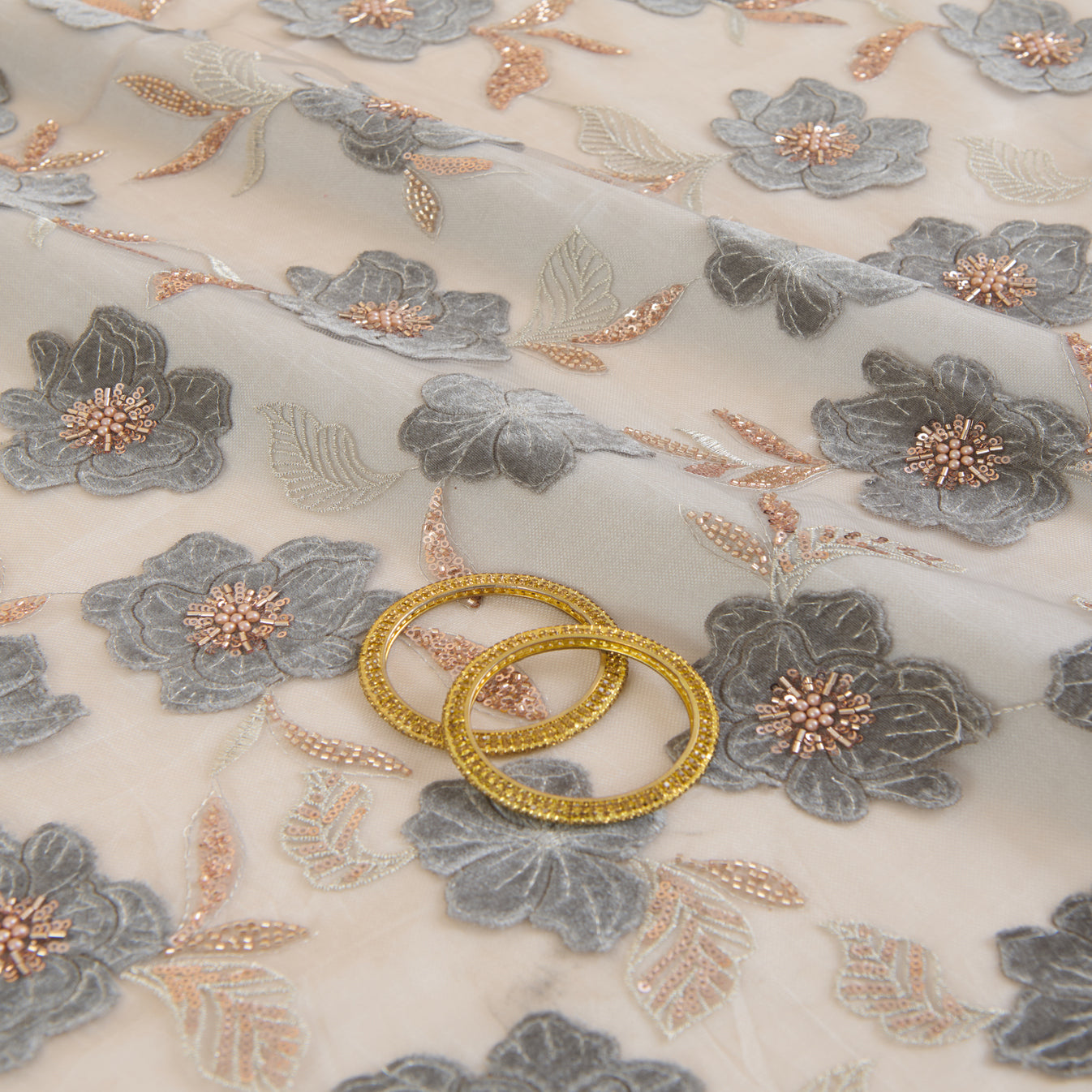 Grey Net Velvet Appliqué Cutdana Sequin Jaal Fabric