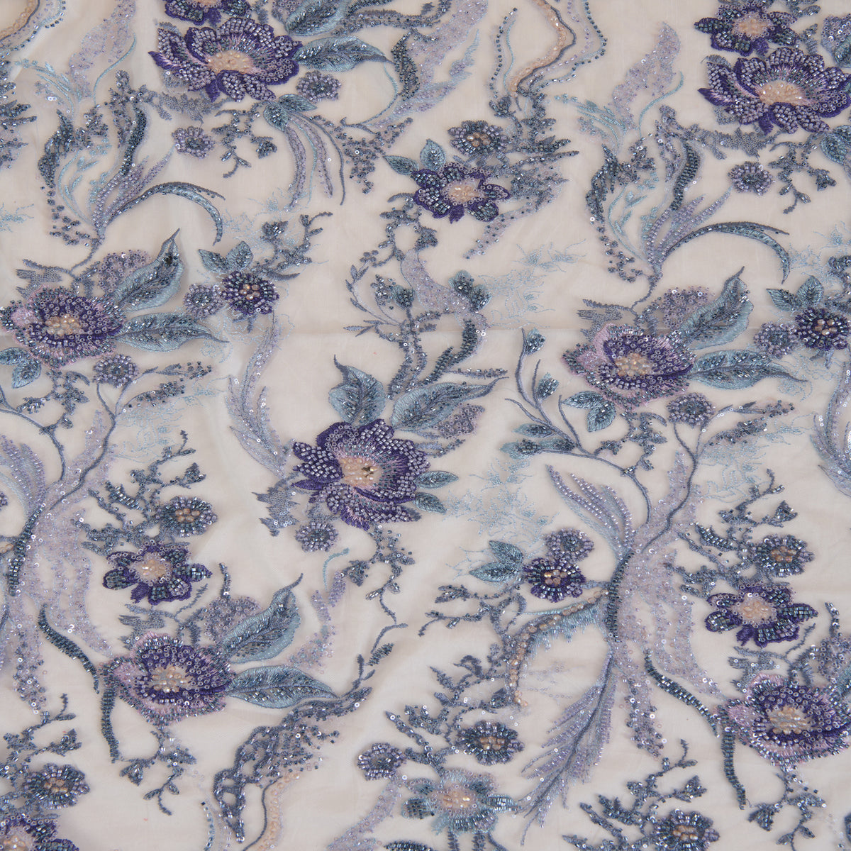 Lilac Blue Net Cutdana Sequin Zari Thread Embroidery Jaal Fabric