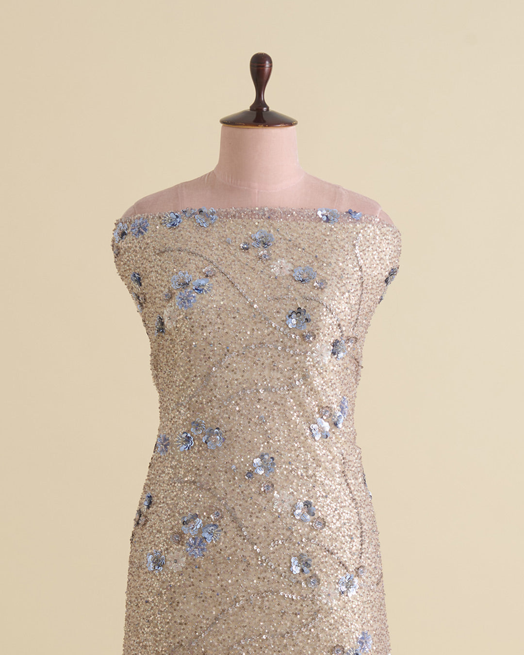 Lilac Matt Net Sequins Fabric with 3D Floral Embroidery