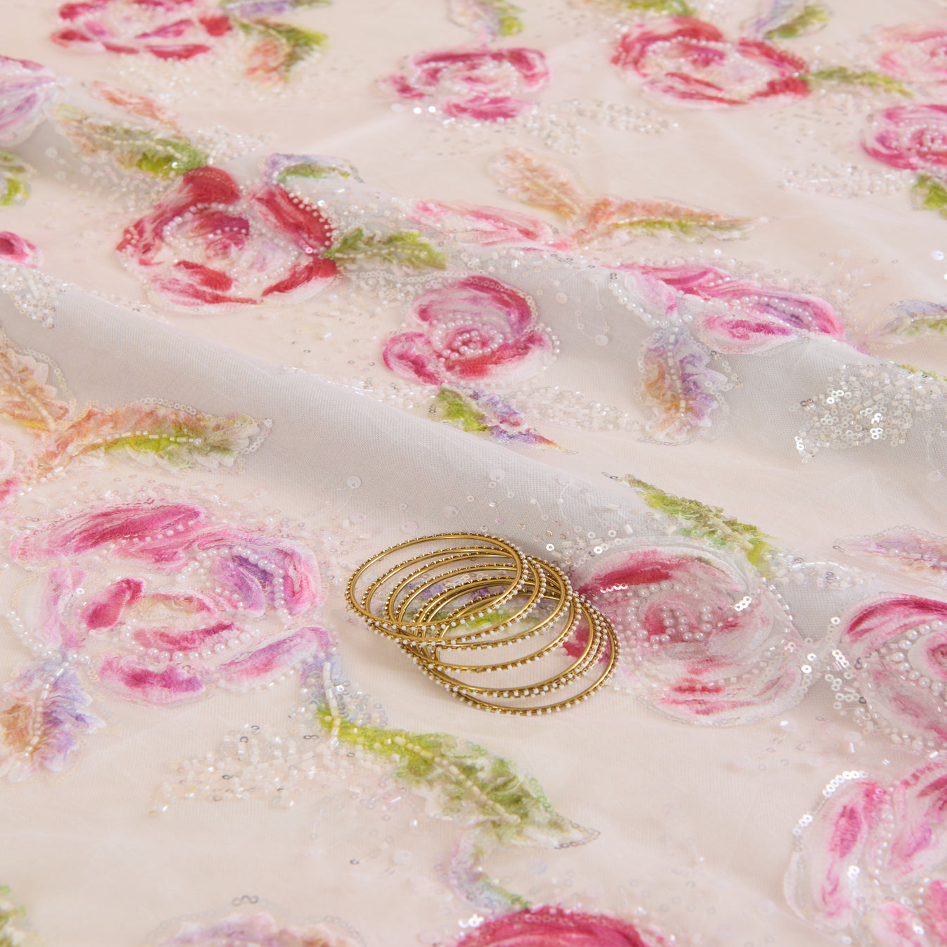 Multicolor Net Frill Multi Flower with Pearl & Sequin Embroidery Fabric
