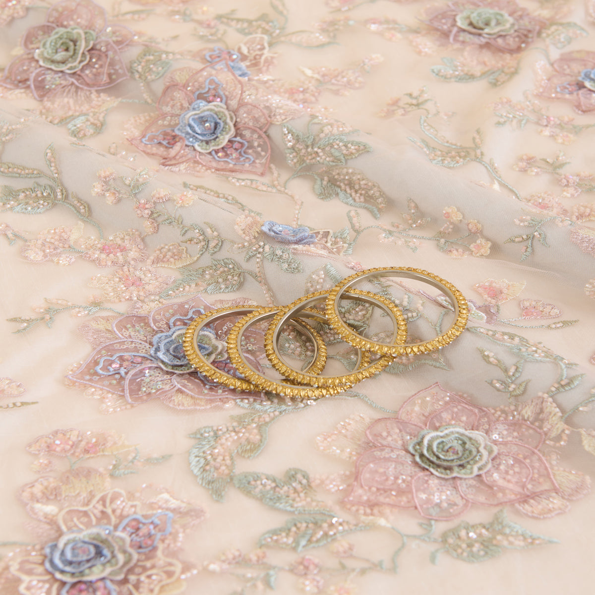 Peach Net Cutdana Pearl Resham 3D Embroidery Jaal Fabric