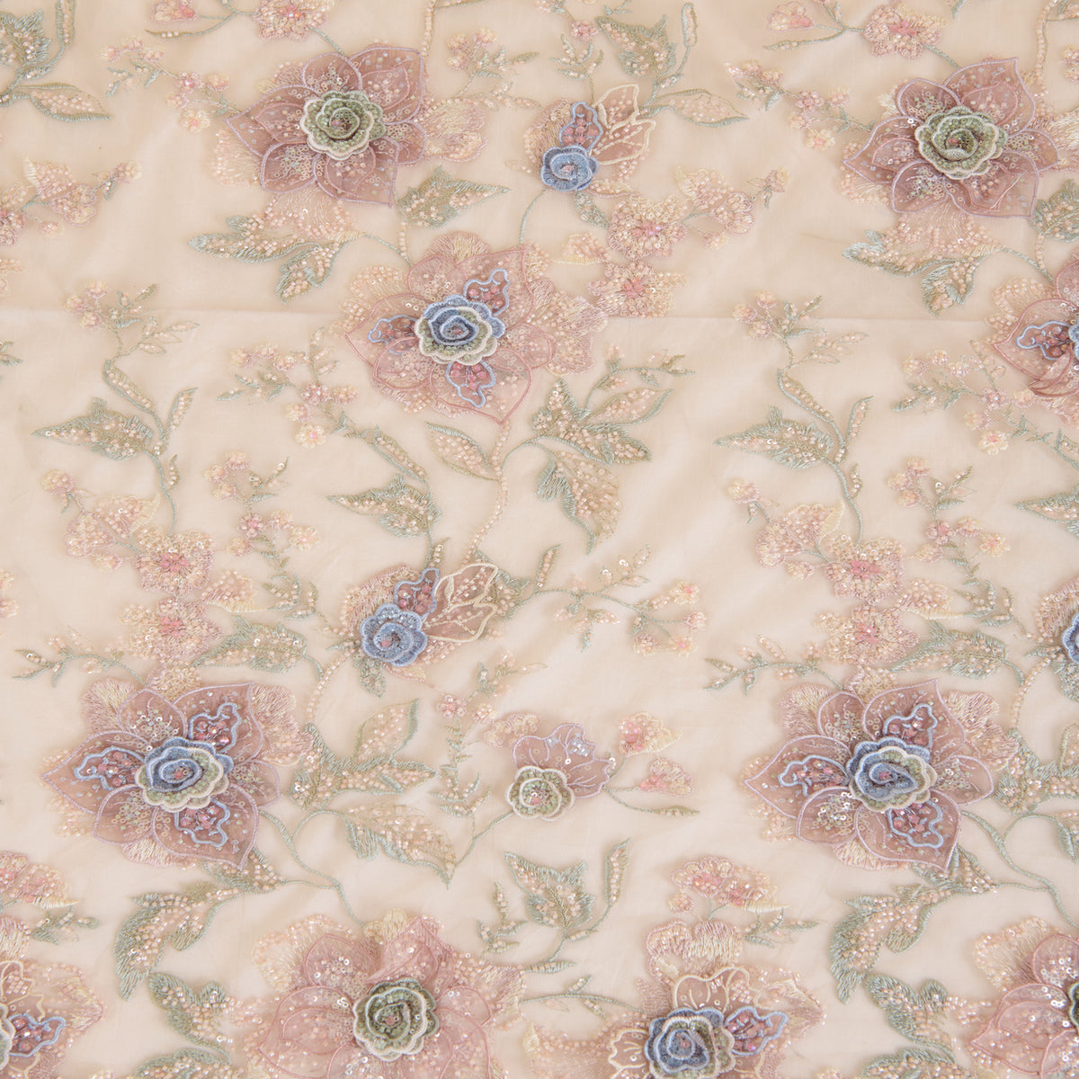 Peach Net Cutdana Pearl Resham 3D Embroidery Jaal Fabric