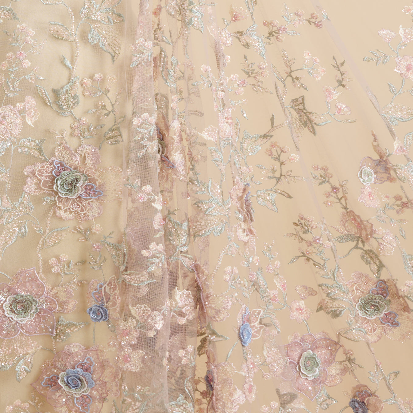 Peach Net Cutdana Pearl Resham 3D Embroidery Jaal Fabric