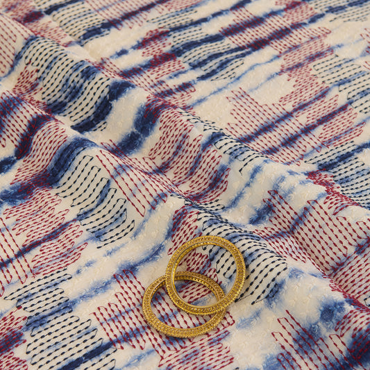 White Blue Batik Printed Fabric with Nokia Thread & Kantha Stitch Embroidery