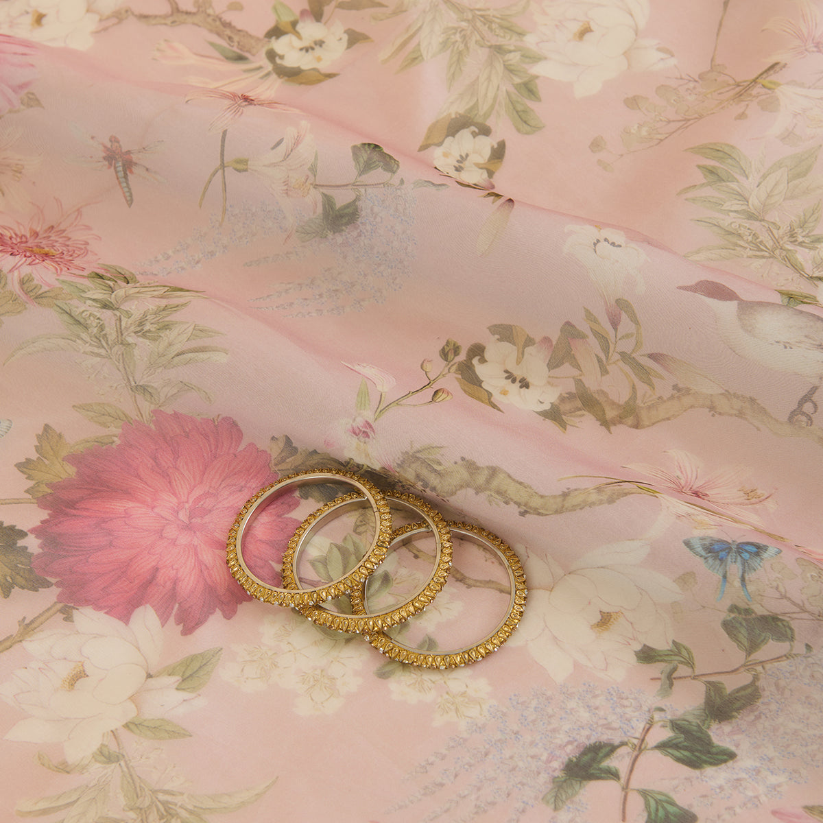 Multi Peach Organza Silk Floral Jaal Printed Fabric