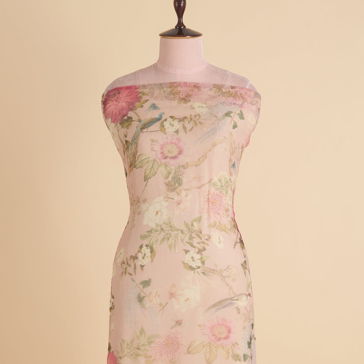 Multi Peach Organza Silk Floral Jaal Printed Fabric