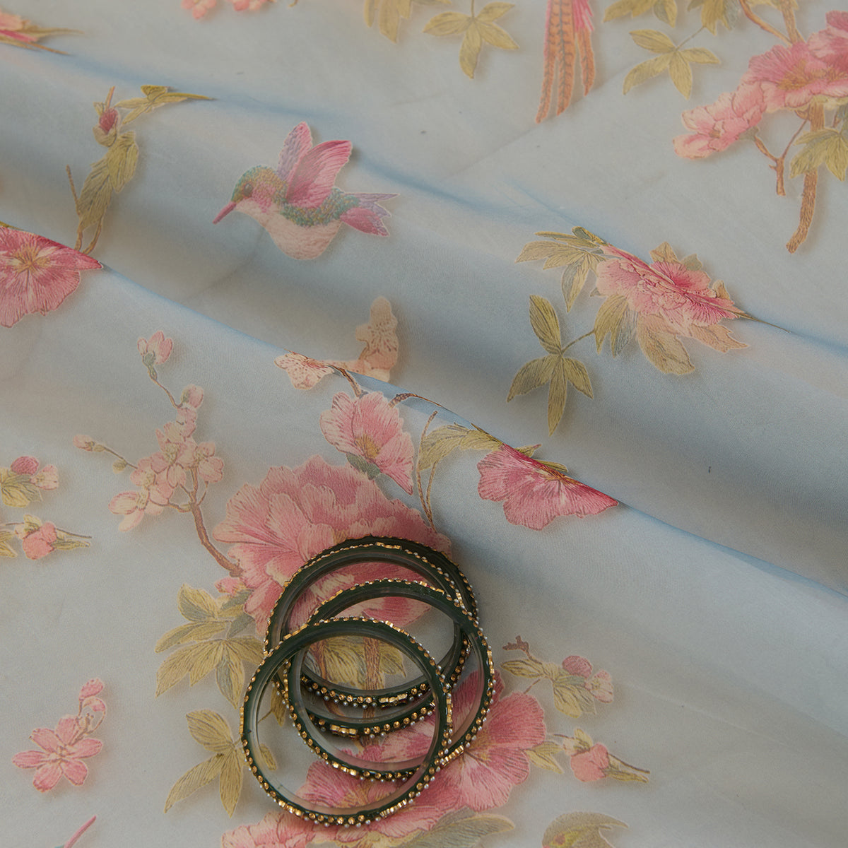 Blue Organza Silk Floral Figure Printed Fabric