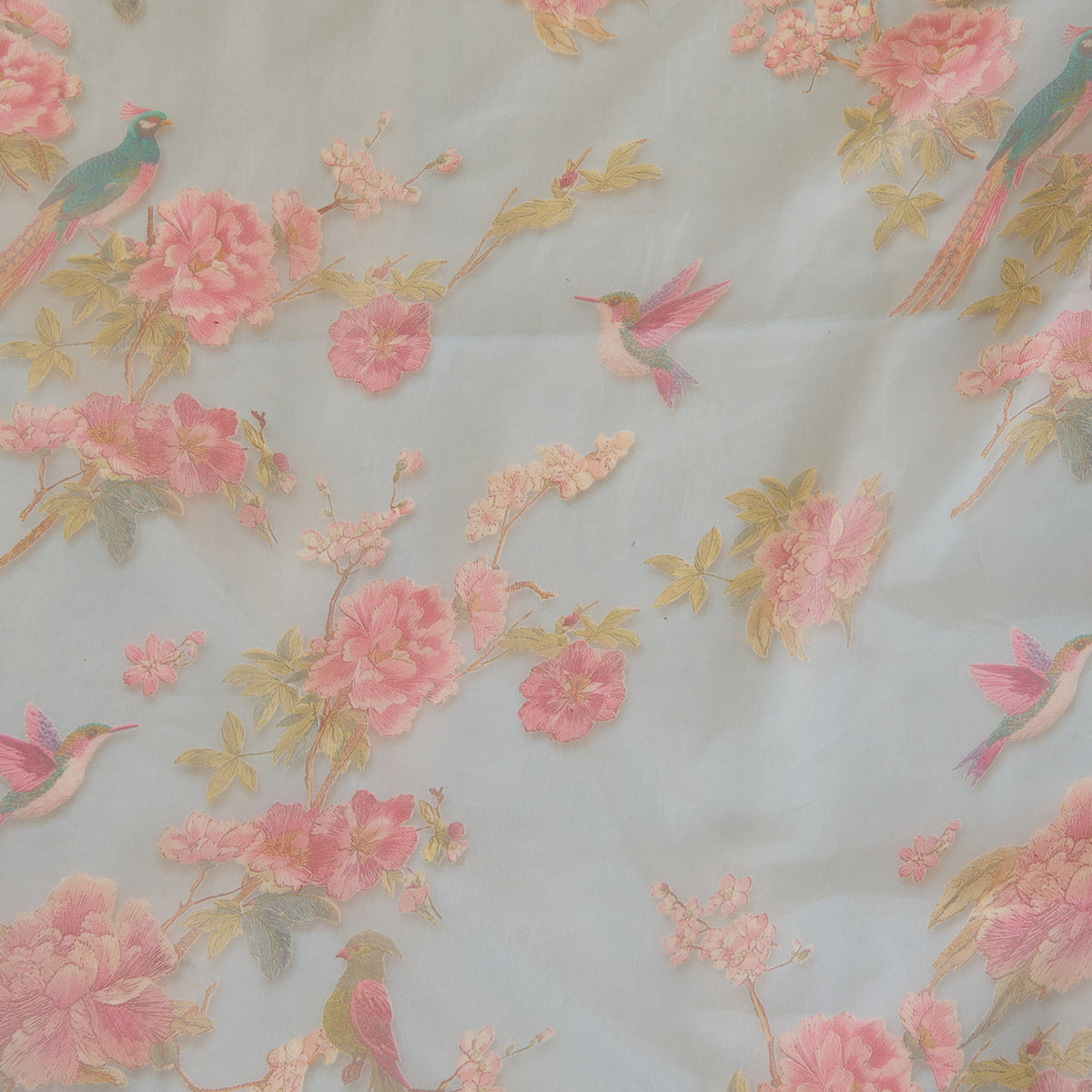 Blue Organza Silk Floral Figure Printed Fabric