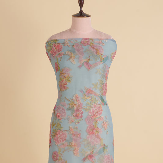 Blue Organza Silk Floral Figure Printed Fabric