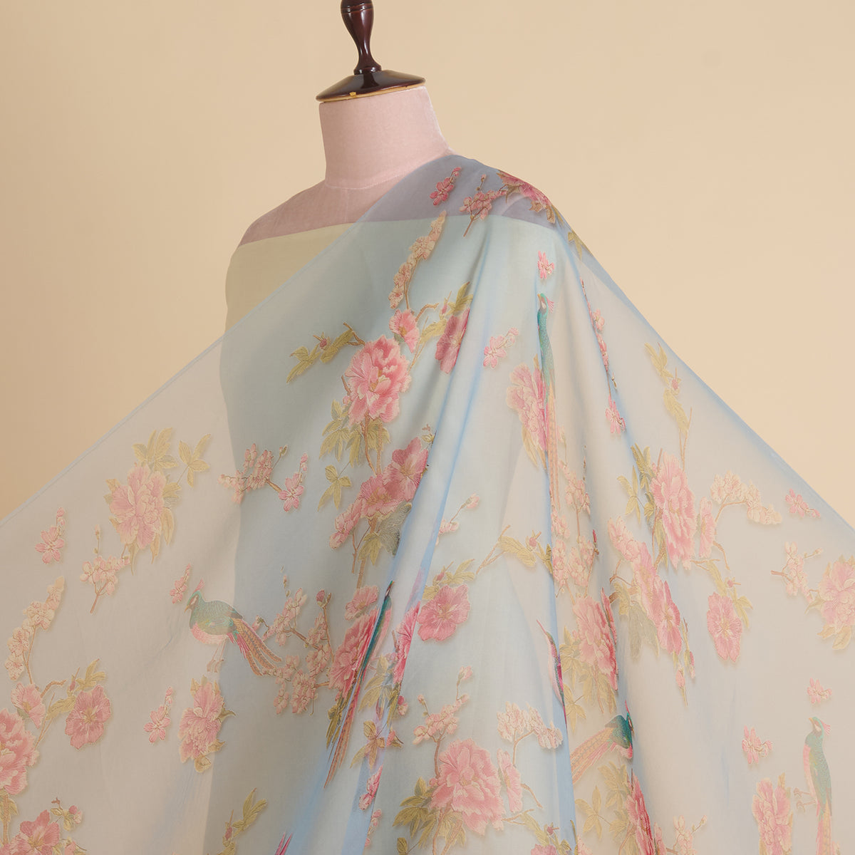 Blue Organza Silk Floral Figure Printed Fabric