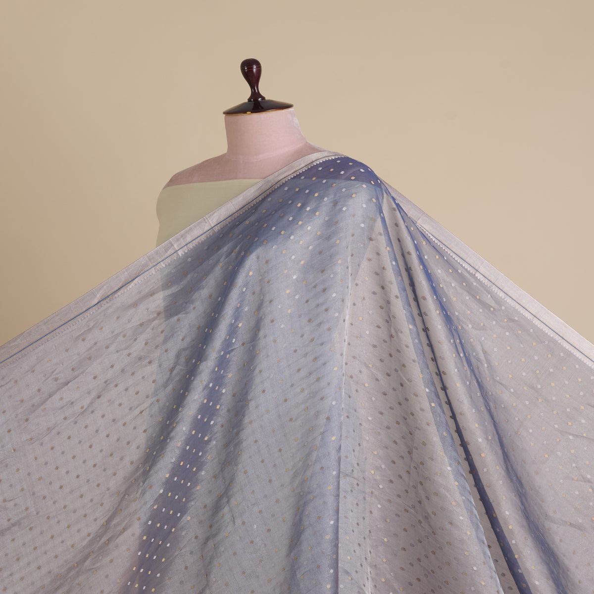 Blue Organza Tissue Polka Dots with Zari Skirt Border Fabric