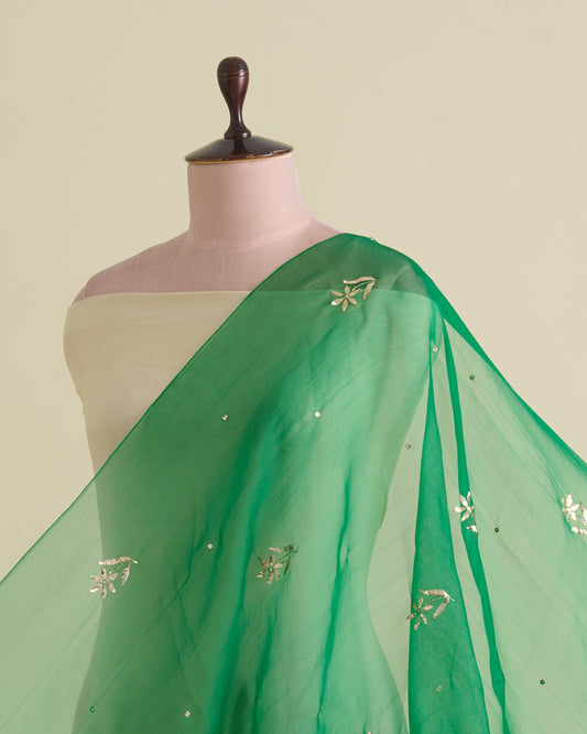 Bottle Green Organza Silk Lucknowi Badla Embroidery Fabric