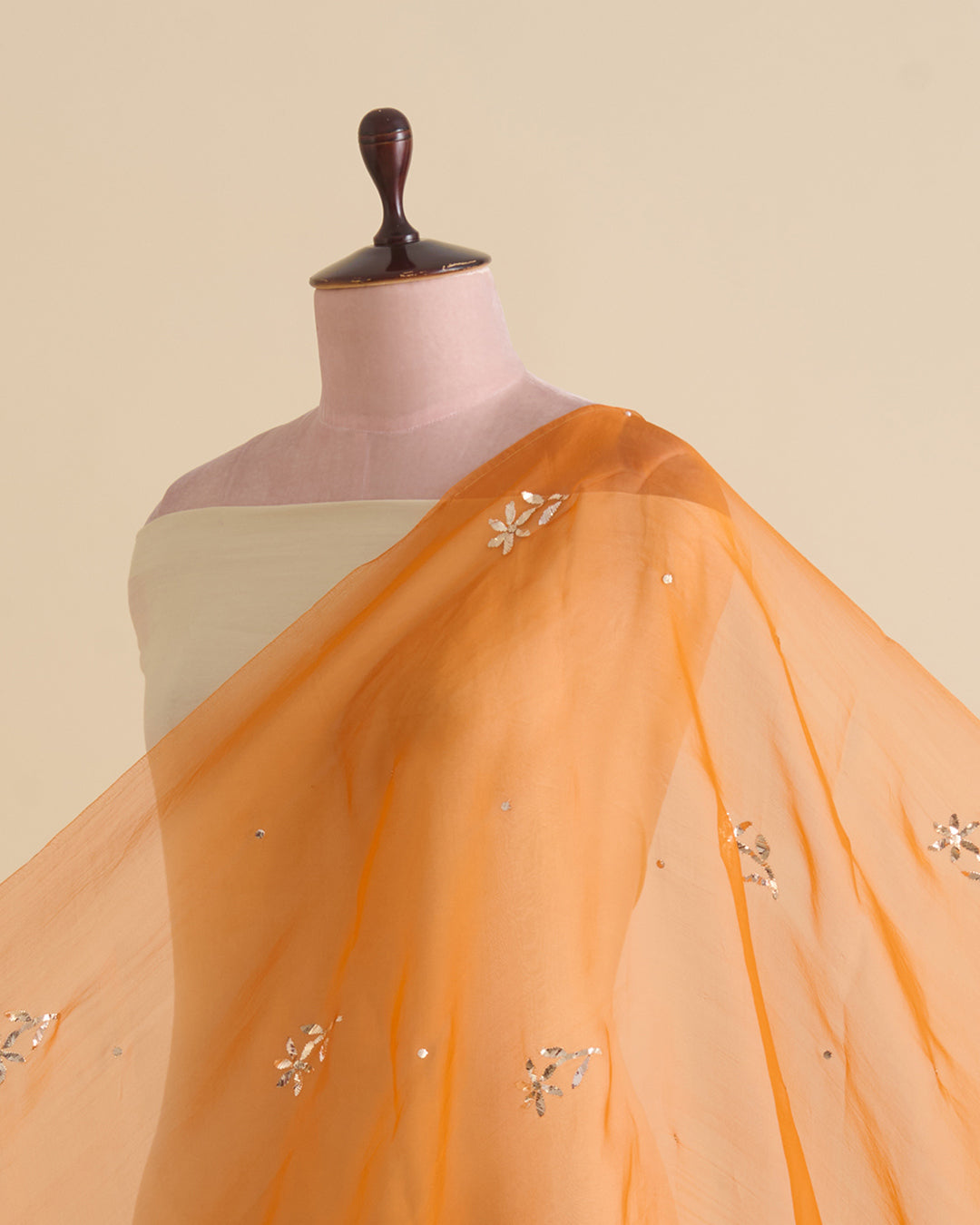 Bright Orange Organza Silk Lucknowi Heavy Badla Embroidery Fabric