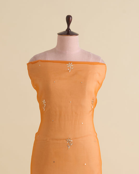 Bright Orange Organza Silk Lucknowi Heavy Badla Embroidery Fabric