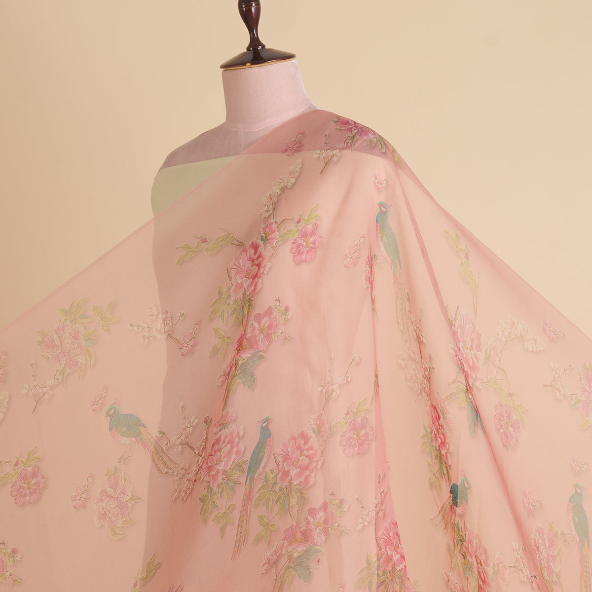 Dusty Peach Organza Silk Floral Figure Printed Fabric