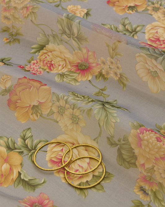 Grey Organza Flower Printed Fabric