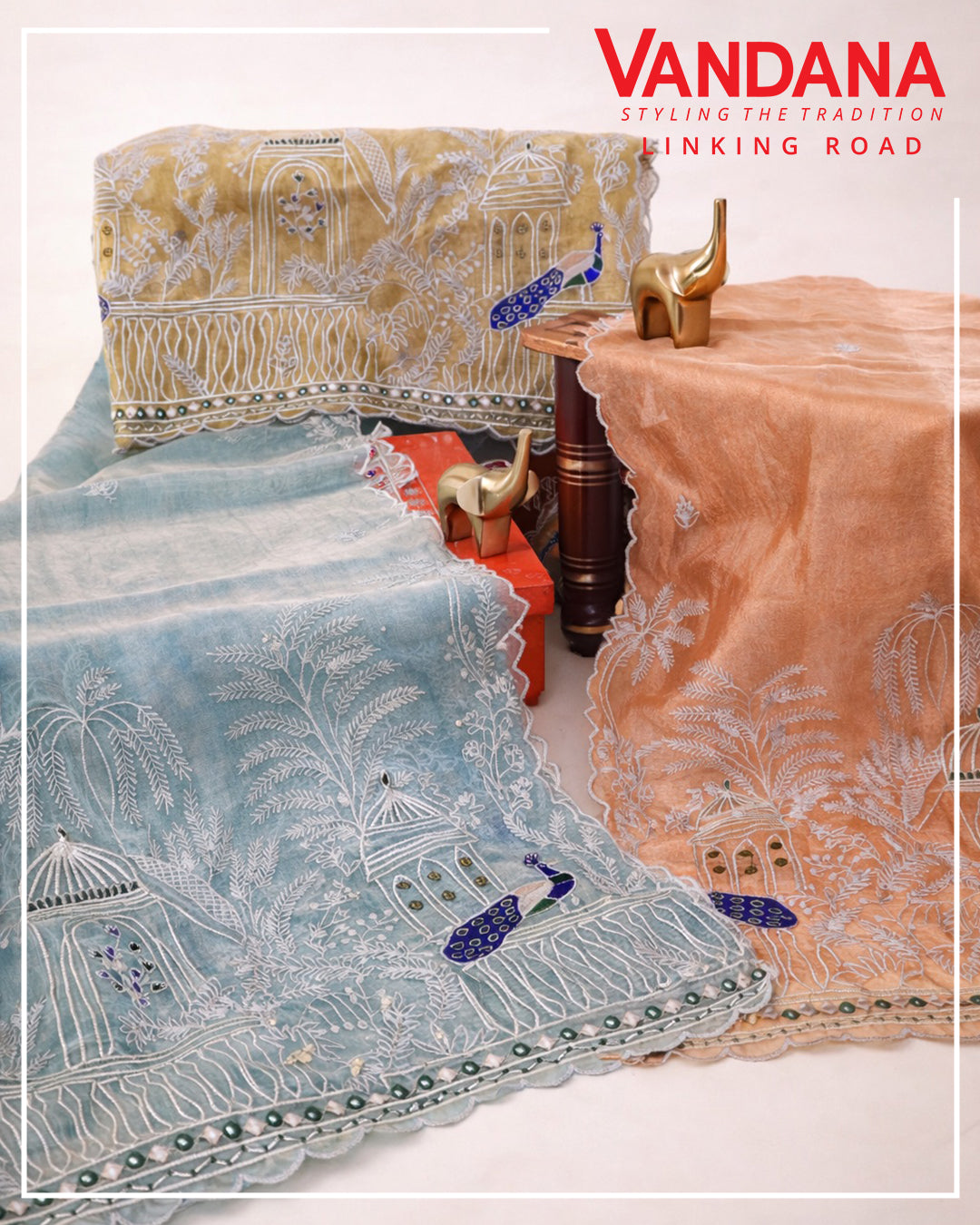 Organza Gold Tissue Kasab Gota Lace Resham Peacock Embroidered Buti Dupatta