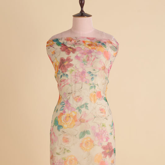 Offwhite Multi Organza Silk Floral Jaal Printed Fabric