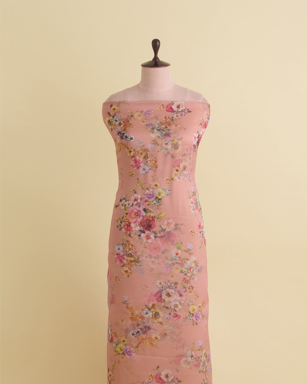 Peach Floral Printed Organza Fabric – Lightweight Sheer Material