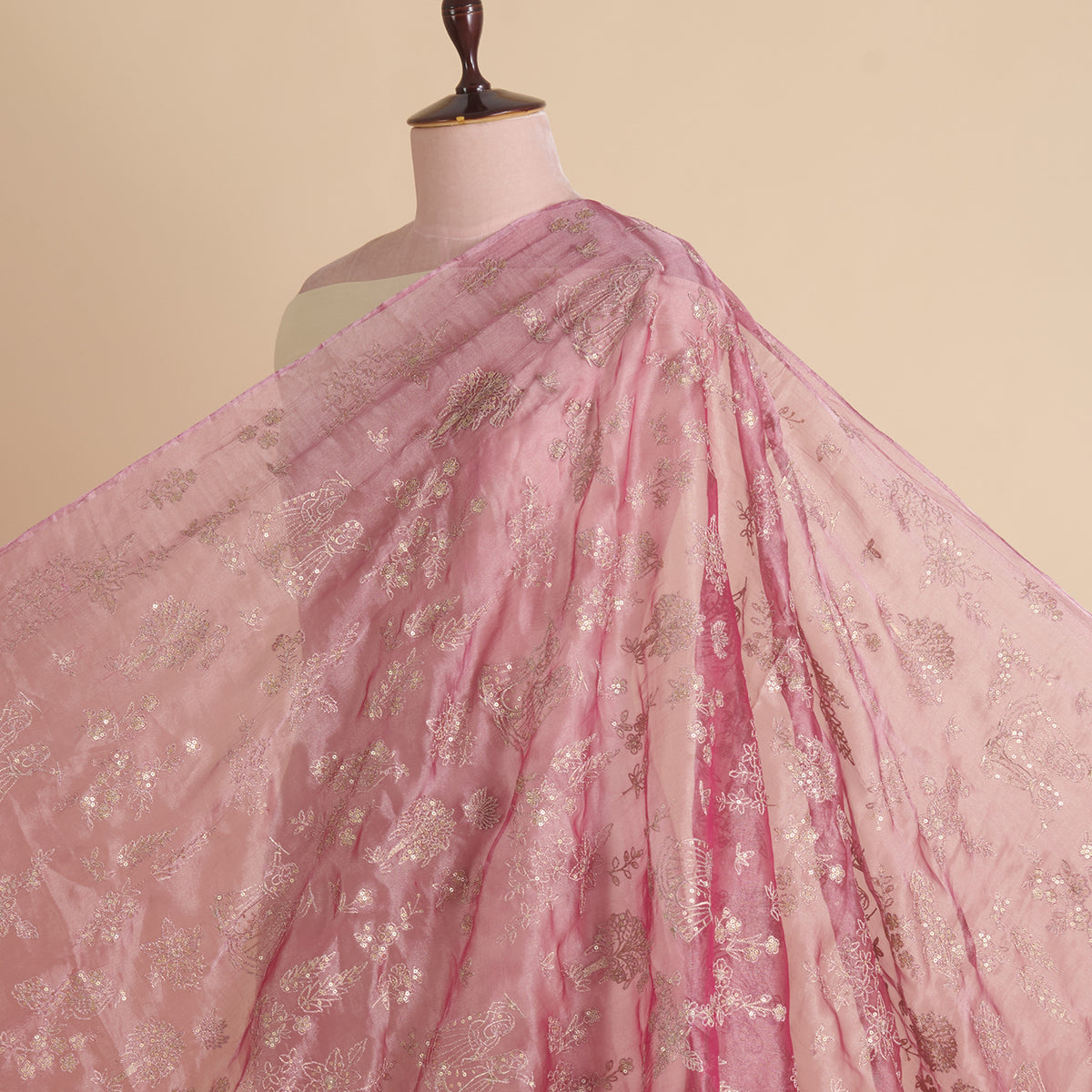 Pink Organza Tissue Kasab Sequin Figure Buta Jaal Fabric
