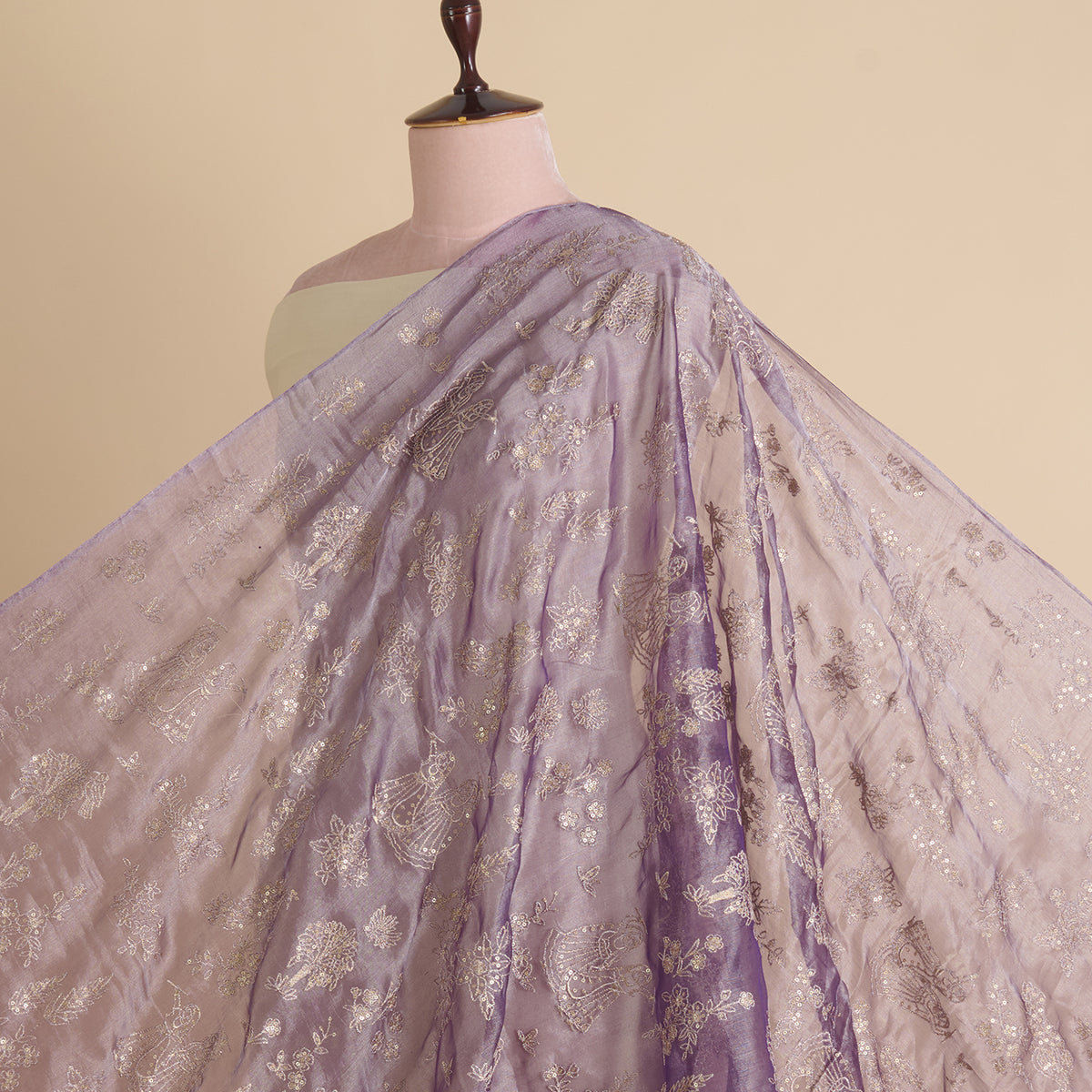 Purple Organza Tissue Kasab Sequin Figure Buta Jaal Fabric