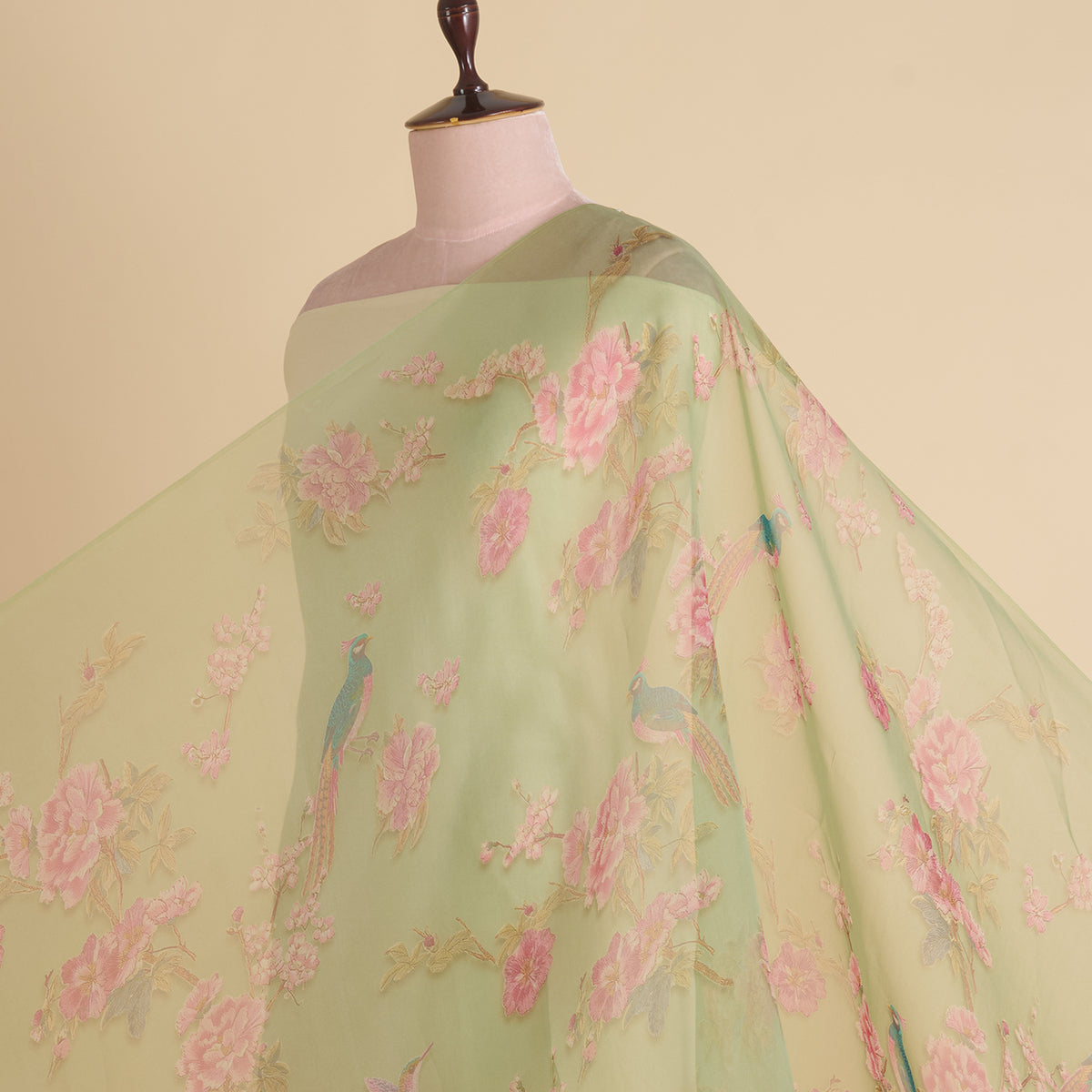 Parrot Green Organza Silk Floral Figure Printed Fabric