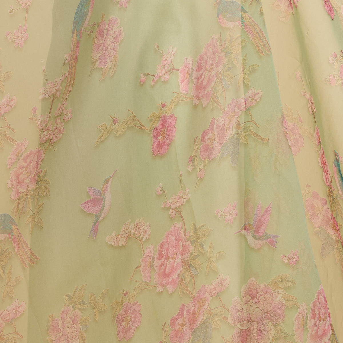 Parrot Green Organza Silk Floral Figure Printed Fabric