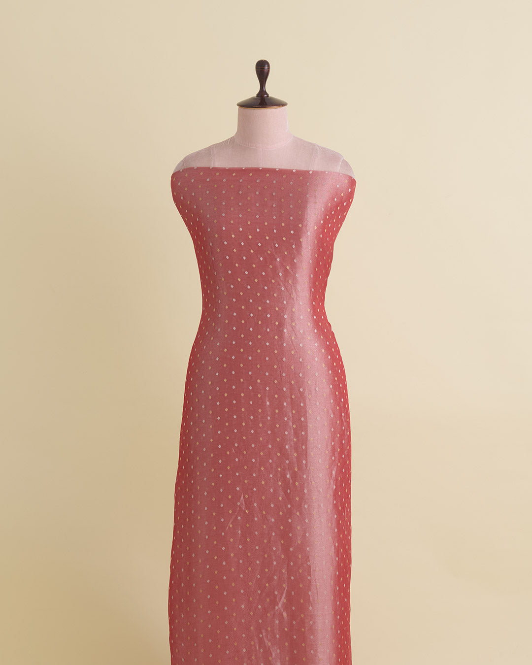 Organza Tissue Polka Dot Fabric with Gold Zari Border Red