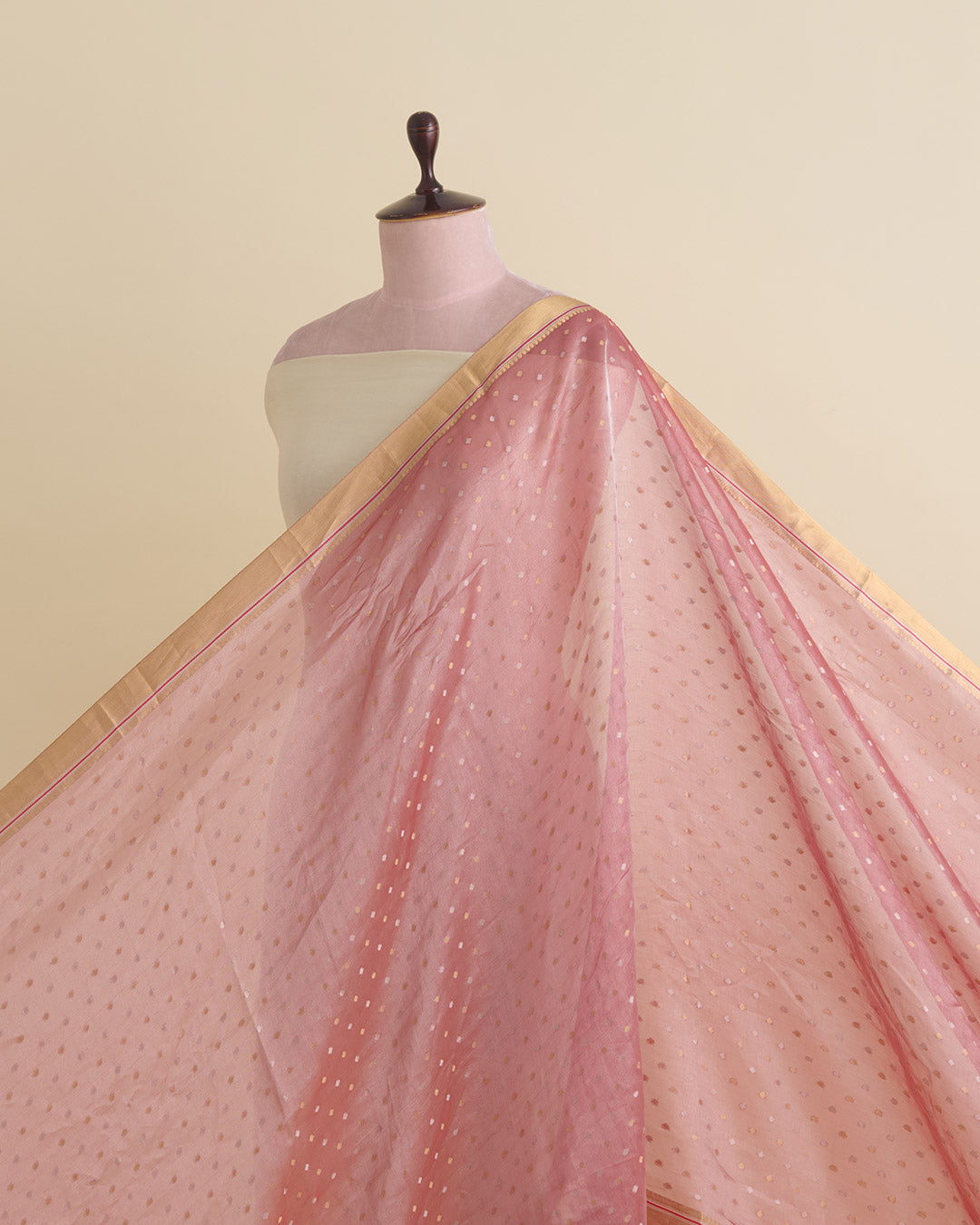 Organza Tissue Polka Dot Fabric with Gold Zari Border Red