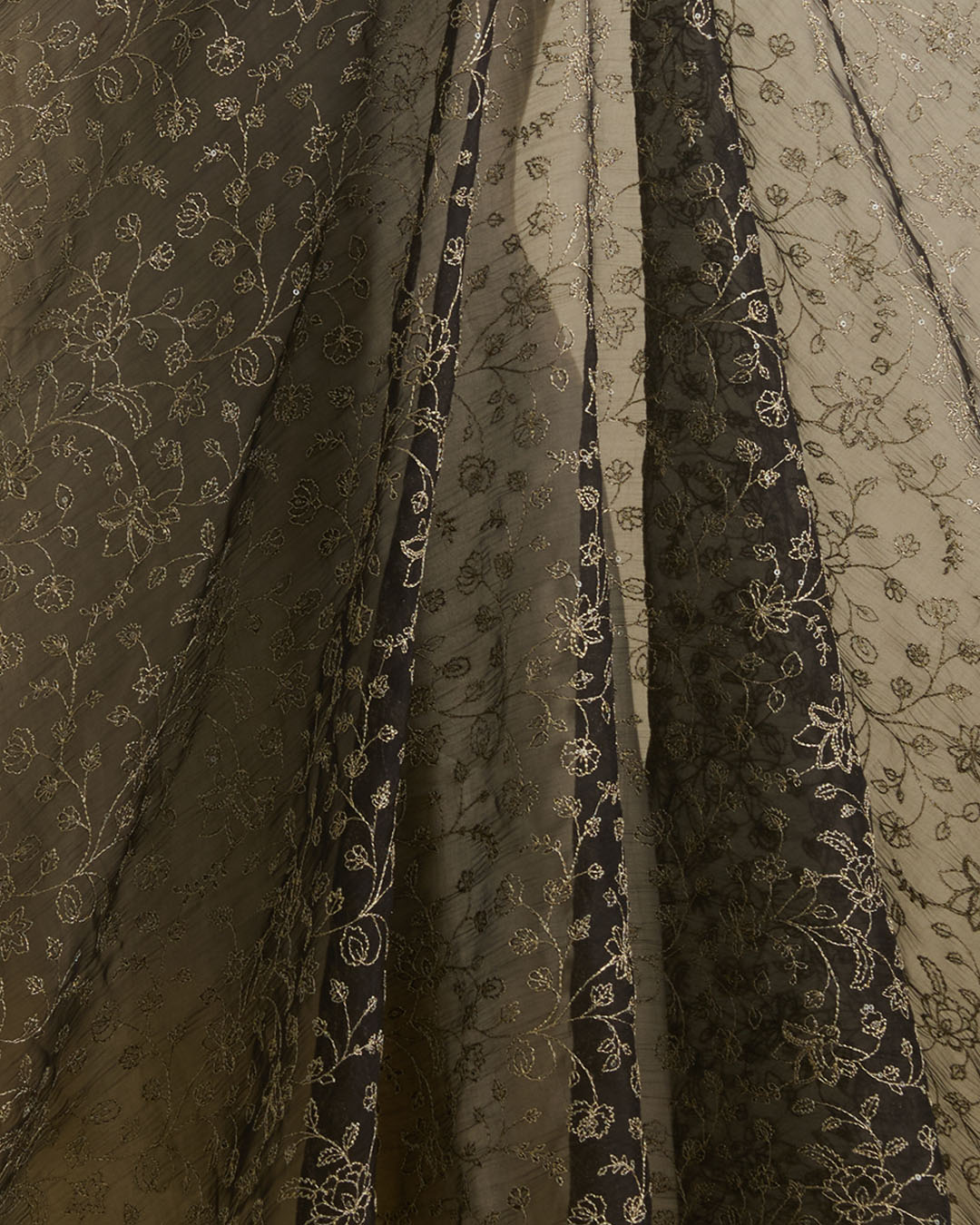 Black Organza Silk Fabric with Zari Sequins Embroidery Jaal